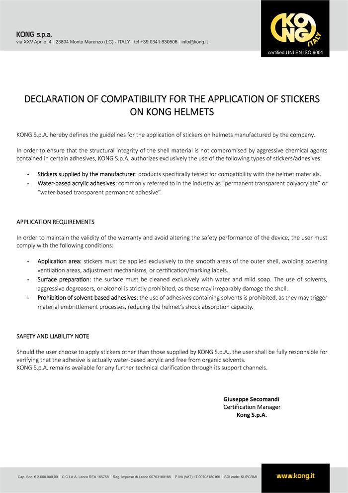 Dichiarazione di compatibilità per l’applicazione di adesivi sui caschi